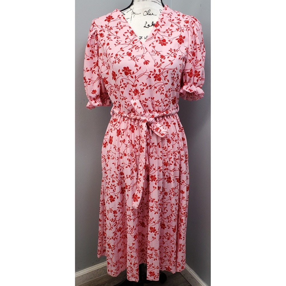 Lark + Grey Wrap Dress Womens‎ Medium Pink Red Floral Peasant Sleeve Tie Waist